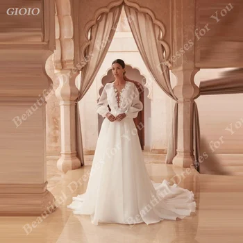 Свадебные платья GIOIO Bridal, белые с небольшим шлейфом, глубокий V-образный вырез, длинные рукава-пузыри, для официальных случаев, новые, нестандартного размера