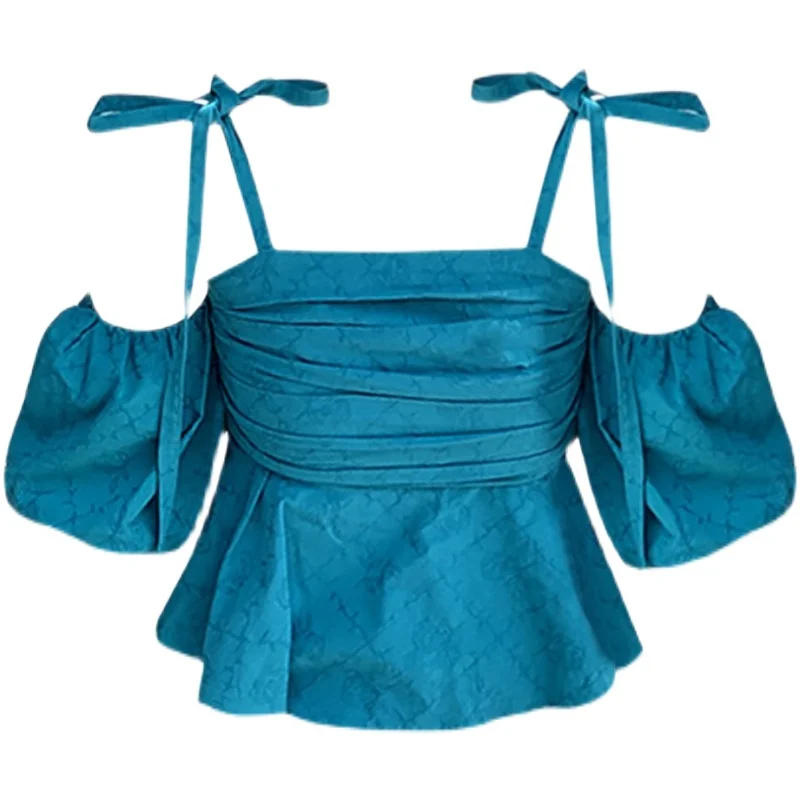 Harajpoo Deep Sea Blue Топы с открытыми плечами 2023, женские топы в стиле Pure Desire, короткие рубашки со шнуровкой и рукавами-пузырями, облегающие висячие тройники4