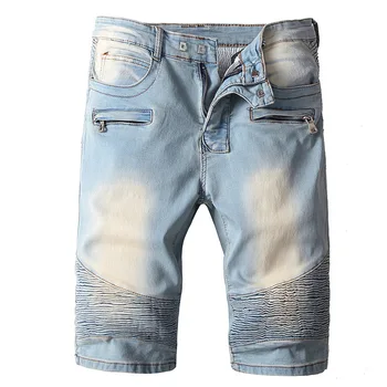 2023 Новые мотоциклетные синие эластичные джинсовые шорты Мужские прямые облегающие джинсовые брюки Модные Джинсы до колен Hombre