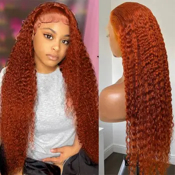 30-дюймовый Имбирно-Оранжевый Прозрачный Кружевной Фронтальный Парик Hunam Hair 13x4 13x6 Глубокая Волна Вьющихся Цветных Кружевных Фронтальных Бразильских Волос