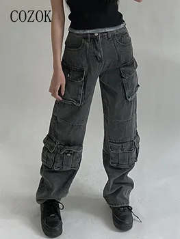 Cozok, Серые винтажные брюки-карго, женская уличная одежда, джинсы с высокой талией и широкими штанинами, Повседневная мода 2023 года, Брюки в стиле хип-хоп с множеством карманов