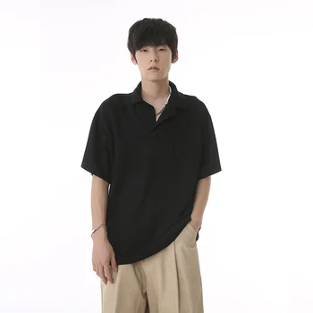 SYUHGFA, мужские летние новые футболки в корейском стиле, Повседневная Простая Свободная футболка с коротким рукавом, однотонный пуловер с лацканами, мужской универсальный