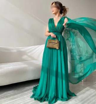 Винтажные длинные зеленые платья для выпускного вечера с накидкой трапециевидной формы с V-образным вырезом, вечернее платье в пол, вечернее платье de soirée для женщин