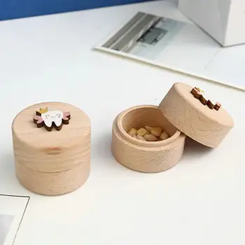 Деревянная коробка для зубов, коробка для сбора зубов, милая мультяшная деревянная коробка для молочных зубов, круглый контейнер на память для зубов, идеально подходящий для мальчиков
