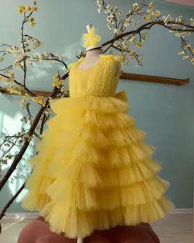 Желтые платья для девочек в цветочек, роскошные бусы, детские платья для празднования дня рождения с бантами и многоуровневыми оборками, детские платья для первого причастия