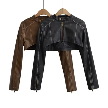 Женская куртка с длинным рукавом в байкерском стиле из искусственной кожи Maillader коричневого цвета, ультра укороченная куртка