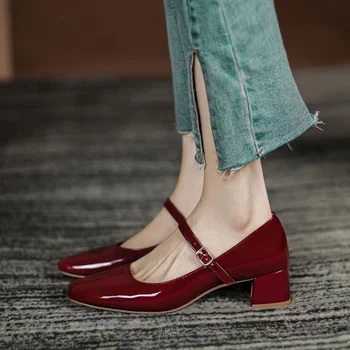Женская обувь на массивном каблуке, Весна 2023, женская обувь Mary Jane на среднем каблуке из искусственной кожи с ремешком и пряжкой, офисная женская обувь для платья, Неглубокая Женская обувь