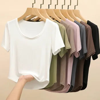 Женские футболки, укороченные однотонные футболки с коротким рукавом, Тонкие повседневные Базовые однотонные белые топы, футболки в корейском стиле, Лето 2023