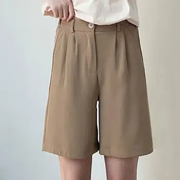Женские шорты с высокой талией и эластичным поясом, карманы на пуговицах, длина до колен, прямые широкие брюки, короткие брюки, женская уличная одежда