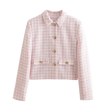 Женский Милый Розовый клетчатый твидовый пиджак 2023, осенний женский элегантный блейзер с прямым отложным воротником, женские куртки с шикарной текстурой