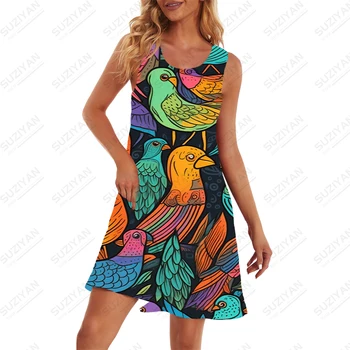 Женское свободное повседневное платье, удобное мягкое платье, летнее новое платье без рукавов большого размера с 3D-принтом в виде птицы