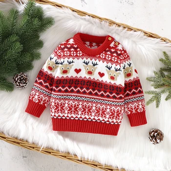 Зимний Детский свитер, вязаная Рождественская одежда для новорожденных, Милые лоси, Рождественские топы, пуловер с длинным рукавом для маленьких девочек, Модный полосатый