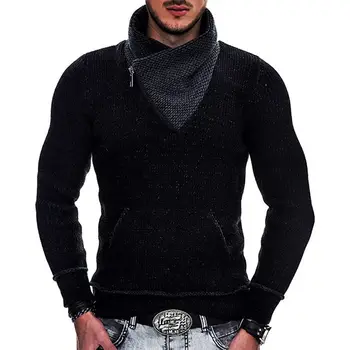 Зимний мужской модный свитер с длинным рукавом, карман с высоким воротом, вязаная мужская рубашка