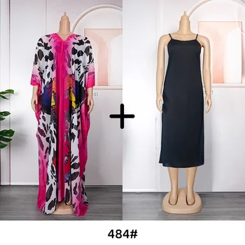 Комплект из 2 предметов, Африканские Платья Больших размеров для Женщин, Летнее Элегантное Длинное платье из полиэстера С V-образным вырезом И внутренним Принтом