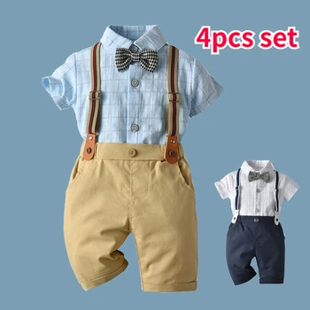 Комплект одежды для маленьких мальчиков, костюм джентльмена для малышей, рубашка в британскую клетку, штаны на бретельках, детская одежда из трех предметов, летняя одежда для мальчиков