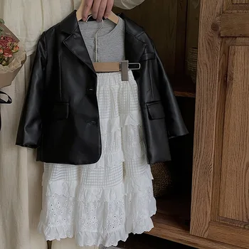 Корейская детская одежда 2023, Осенняя новинка, модное кожаное пальто для девочек с круглым вырезом, комплект из юбки-торта и половины юбки