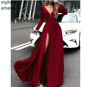 Красное вечернее платье в модном стиле 2023 года с длинным рукавом плюс размер, V-образный вырез, трапециевидное высококачественное шифоновое вечернее платье Robe De Soire