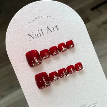 Красные ногти на пальцах ног ручной работы, наклеенные на корейский многоразовый клей Накладные ногти с блестящим дизайном, акриловые искусственные кончики для полного покрытия ногтей