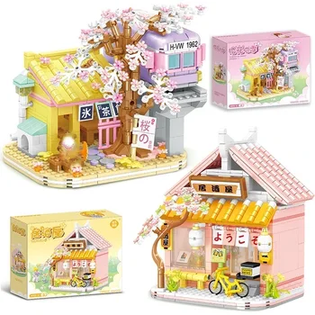 Креативный вид на улицу, модель дома Izakaya Sakura, строительные блоки, Городская хижина в цвету сакуры, кирпичи MOC С куклами, игрушки для подарка малышу