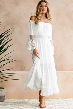 Летние платья для женщин 2023, Кружевное платье в стиле пэчворк с вырезом, Белое Длинное платье с высокой талией, Женская Элегантная Роскошная юбка