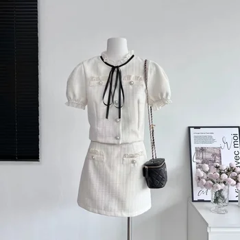 Летний Французский модный комплект из 2 предметов, женские Корейские однобортные топы + костюмы с мини-юбкой с высокой талией