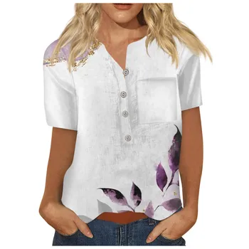Летняя винтажная футболка с V-образным вырезом, женский элегантный принт, топы с короткими рукавами в милом стиле, Повседневный женский пуловер, свободные повседневные футболки