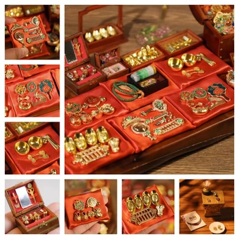 Миниатюрные украшения для девочек в Древнем китайском стиле Приданое Ювелирные Изделия Нефритовый браслет Кольцо с тремя золотыми Бриллиантами Модель Шкатулки для драгоценностей