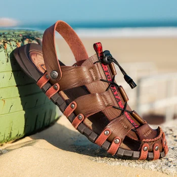 Мужские кожаные сандалии большого размера 2023 Роскошная мужская обувь из натуральной кожи Летние мужские пляжные сандалии Мягкие римские сандалии Тапочки