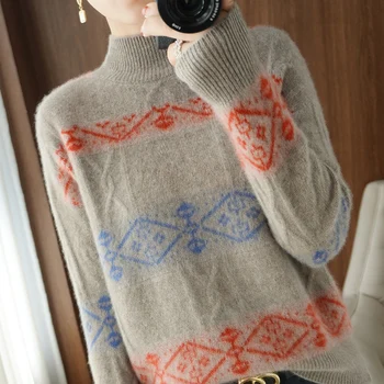 Осенне-зимняя женская новая одежда из 100% шерсти, вязаный пуловер с контрастной вышивкой с высоким воротом, милая блузка