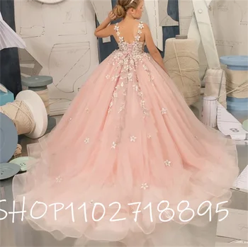 Персиково-розовое платье принцессы из тюля, кружевные пышные платья для девочек в цветочек, милое платье для девочек на день рождения, платье для свадебной вечеринки, детское платье
