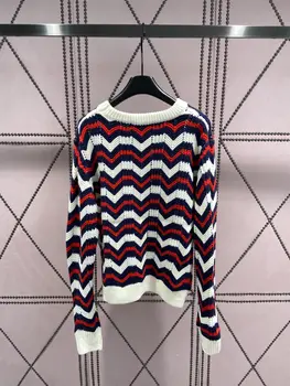 Ранняя осень 2023, новый контрастный волнистый узор + Выдалбливающийся дизайн, женский свитер с длинным рукавом