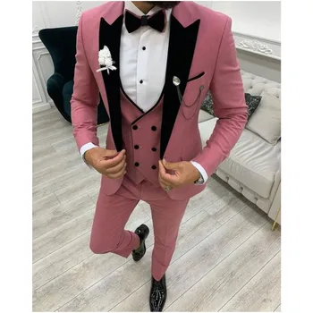 Розовые мужские костюмы, черный двубортный жилет с козырьком и лацканами, Смокинги на заказ, блейзер для жениха на свадьбу и выпускной, Приталенный, 3 предмета в комплекте