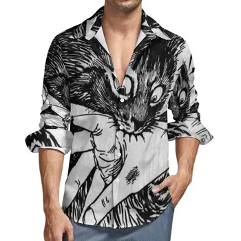 Рука, укушенная кошкой, рубашка Crazy Cat, мужские черно-белые повседневные рубашки, Осенние блузки эстетического дизайна С длинным рукавом, крутая одежда оверсайз