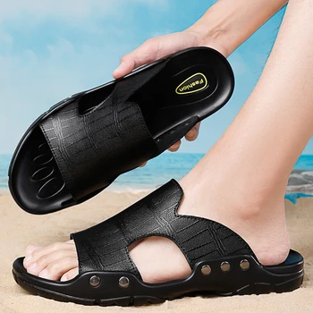Сандалии, Мягкие удобные уличные пляжные тапочки, сандалии без застежки, Классические мужские сандалии, Летние Мужские пляжные сандалии из натуральной кожи