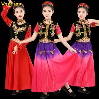 Танцевальные костюмы этнических меньшинств, китайское народное платье для девочек, детский танцевальный костюм, Синьцзянская национальная одежда для выступлений, наряды Hanfu
