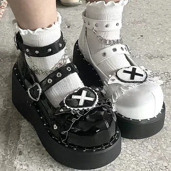 Туфли в стиле Лолиты на платформе с металлической цепочкой в стиле панк, Новые женские туфли из лакированной кожи, женские туфли на плоской подошве в японском стиле с ремешками на лодыжках.