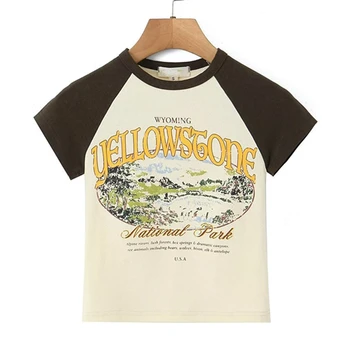 Увядший американский принт контрастного цвета, летняя футболка с надписью в стиле ретро для девочек с высокой уличной модой и женщин