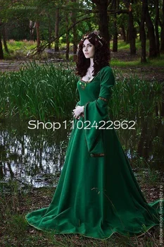 Хантер Грин Средневековые платья для выпускного вечера с аппликацией по краю с длинным рукавом, кельтский эльфийский костюм Forestcore, корсет, вечернее платье