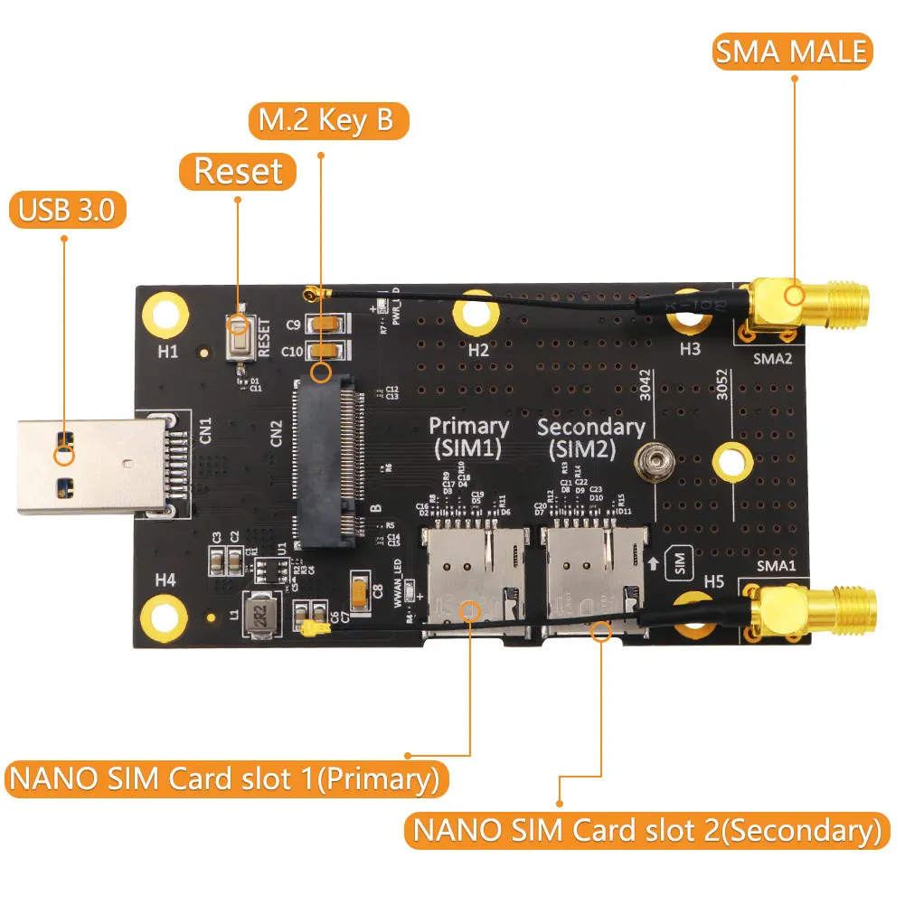 Адаптер M2 к USB 3.0 с двумя слотами для карт Nano SIM + 2 Антенны для модуля 3G 4G 5G0