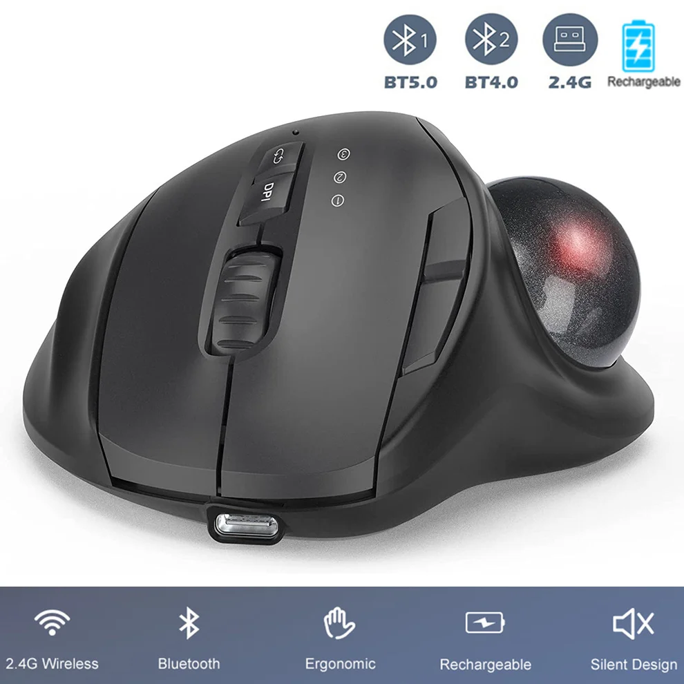 Беспроводная трекбольная мышь 2.4 G + Bluetooth, перезаряжаемые эргономичные мыши, трекбольная мышь с простым управлением большим пальцем для iPad Mac Windows0
