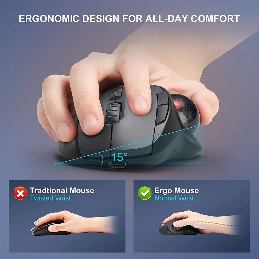 Беспроводная трекбольная мышь 2.4 G + Bluetooth, перезаряжаемые эргономичные мыши, трекбольная мышь с простым управлением большим пальцем для iPad Mac Windows1