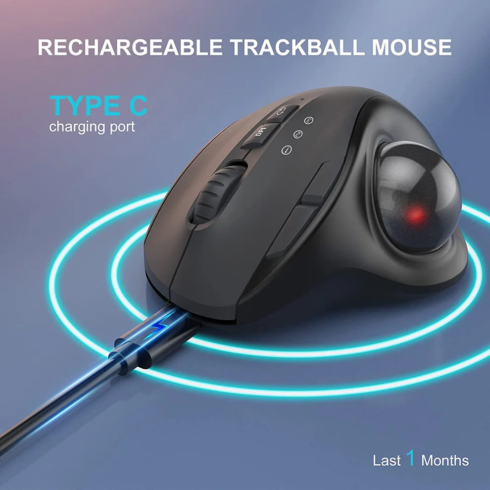 Беспроводная трекбольная мышь 2.4 G + Bluetooth, перезаряжаемые эргономичные мыши, трекбольная мышь с простым управлением большим пальцем для iPad Mac Windows4