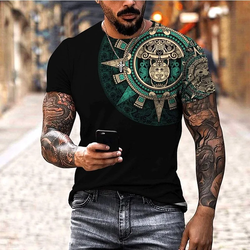 Летний тренд, Мужская Повседневная футболка Harajuku Mexican Aztec Quetzon, Уличная мода, Классический Ретро-топ С круглым вырезом, Свободный Топ с 3D принтом4