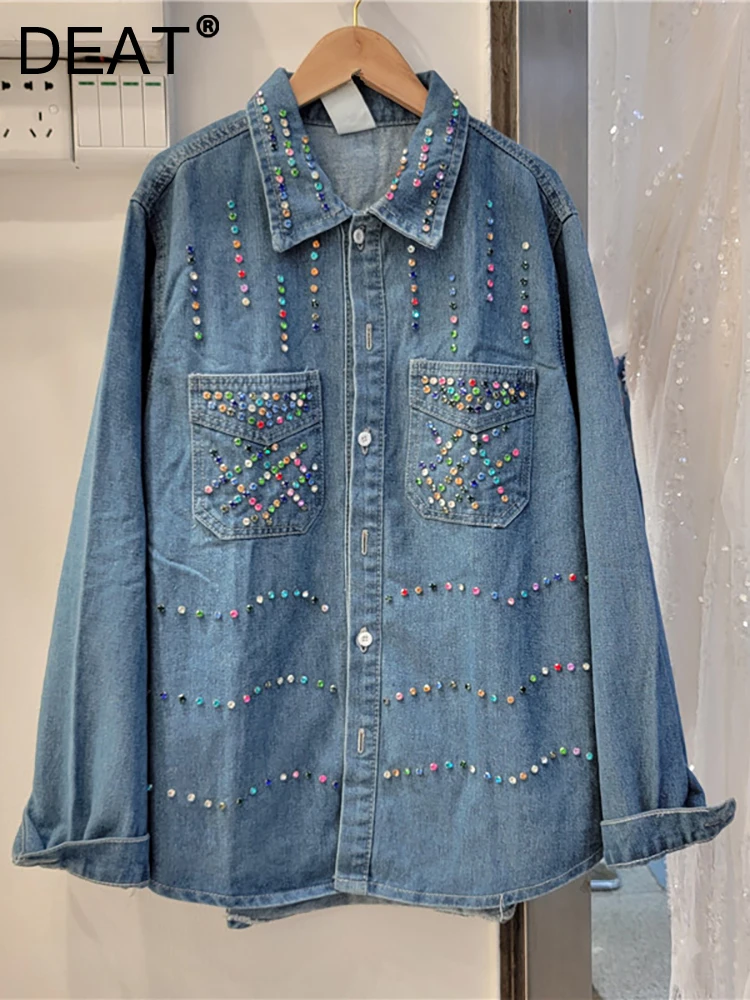 Модная женская рубашка Deinm Свободного цвета С Ромбовидными линиями, Свободная однобортная Синяя женская блузка 2023, Осень, Новая мода 29L30030