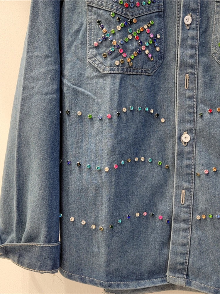 Модная женская рубашка Deinm Свободного цвета С Ромбовидными линиями, Свободная однобортная Синяя женская блузка 2023, Осень, Новая мода 29L30032