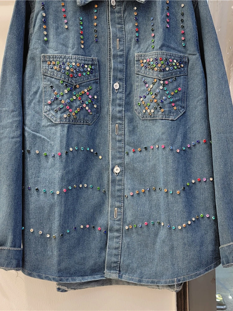 Модная женская рубашка Deinm Свободного цвета С Ромбовидными линиями, Свободная однобортная Синяя женская блузка 2023, Осень, Новая мода 29L30033
