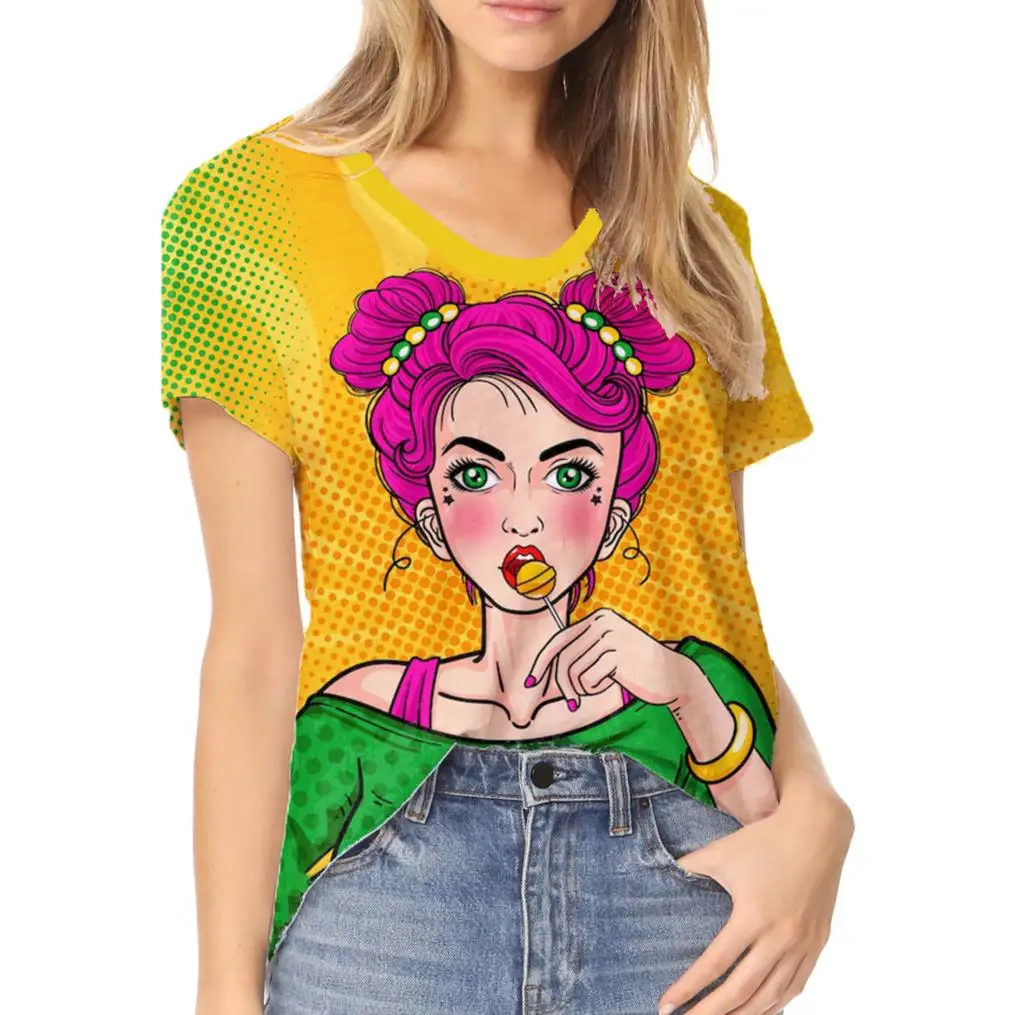 Модная женская футболка с мультяшным рисунком С 3D-принтом, летняя футболка с коротким рукавом, одежда из полиэфирного волокна большого размера2