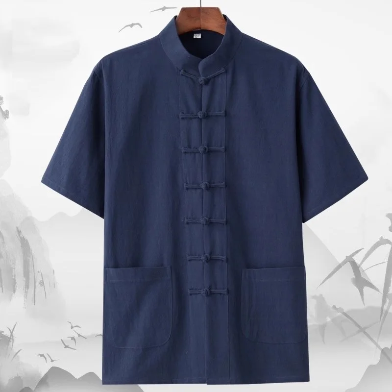 Мужская рубашка Han Fu Tang большого размера с короткими рукавами в китайском стиле из хлопка и льна в стиле ретро0