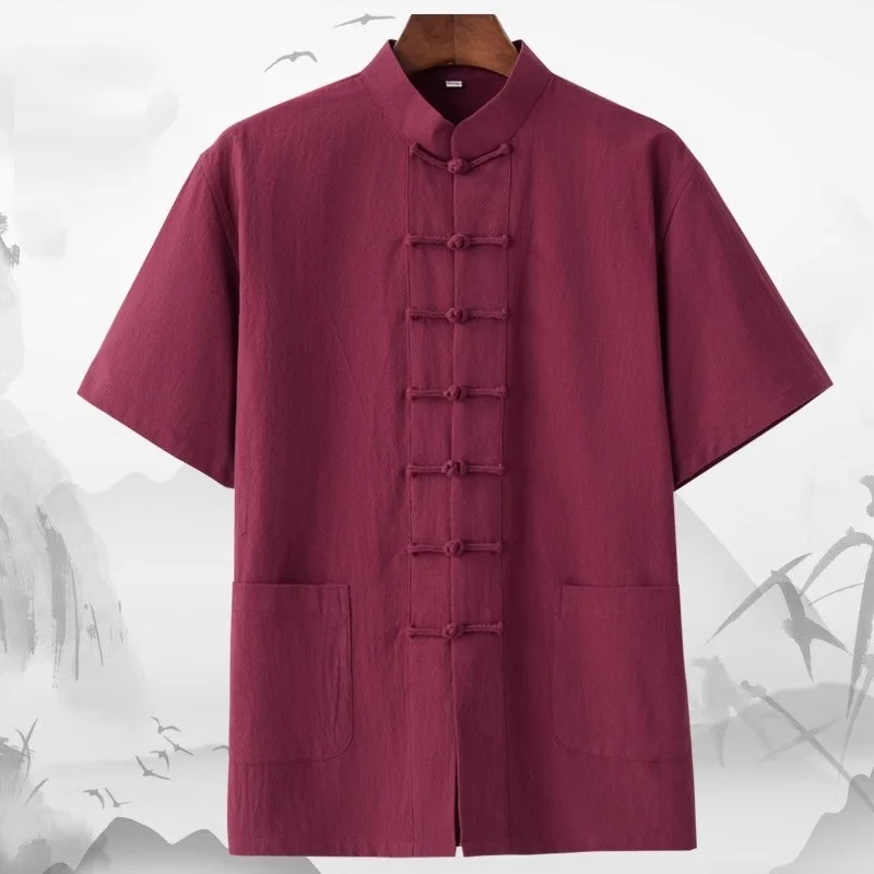 Мужская рубашка Han Fu Tang большого размера с короткими рукавами в китайском стиле из хлопка и льна в стиле ретро2