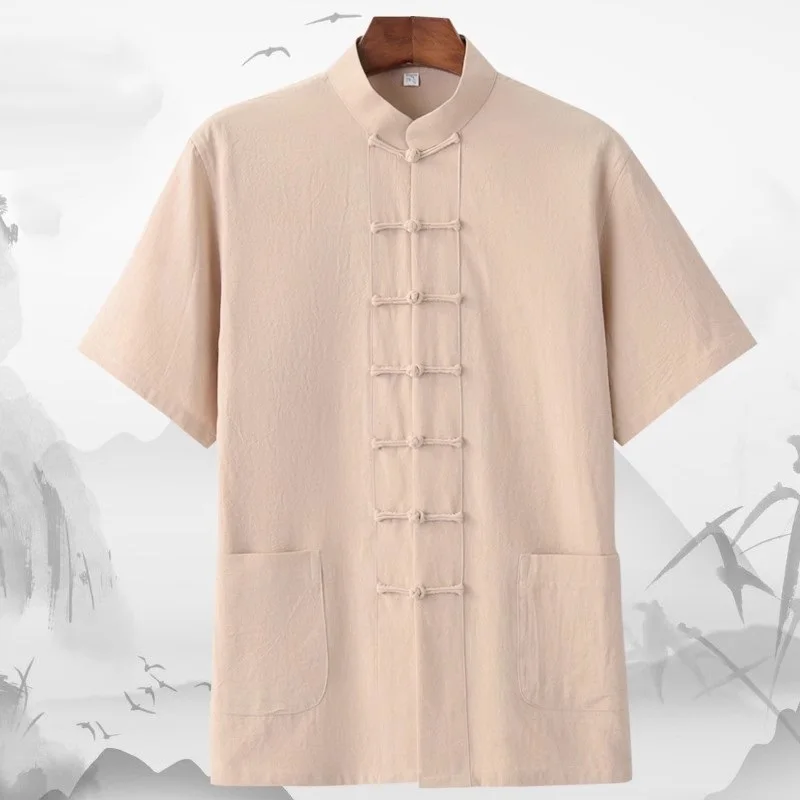 Мужская рубашка Han Fu Tang большого размера с короткими рукавами в китайском стиле из хлопка и льна в стиле ретро3